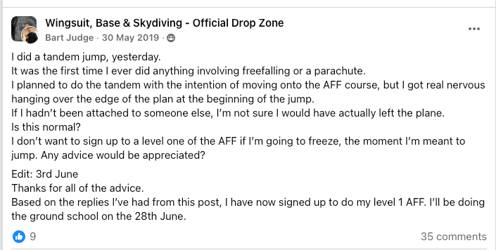Facebook Post in the 'Wingsuit, Base & Skydiving' group looking for advice